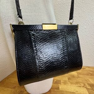 Vintage Black Genuine Lizard Skin Frame Bag - Suede Lined